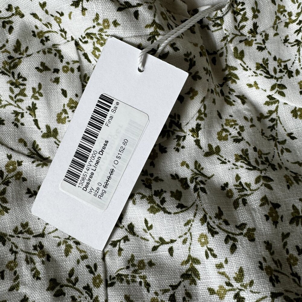 Reformation Desiree Green and White Floral (Ivy) Linen Dress, Size 0, NWT - Picture 6 of 7